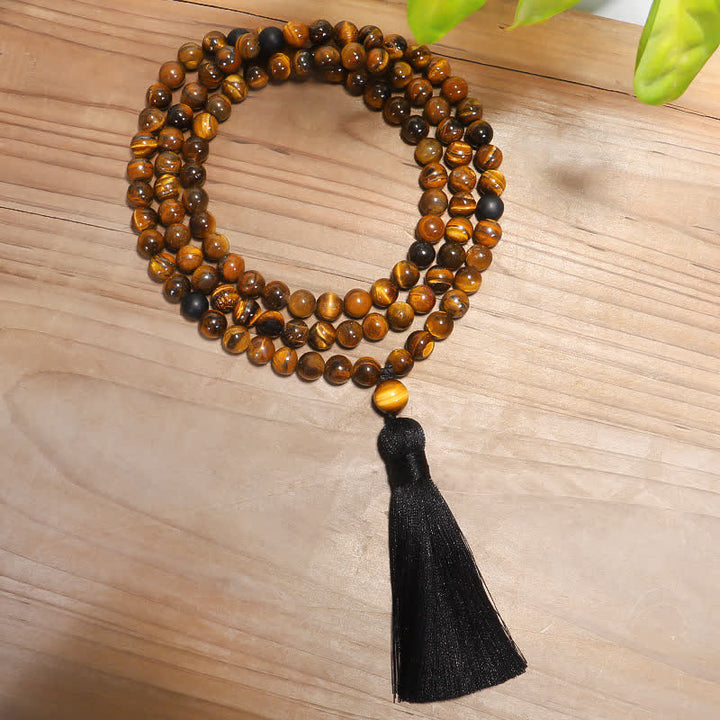 Braccialetto di protezione con nappa in occhio di tigre Buddha Stones, 108 perline Mala