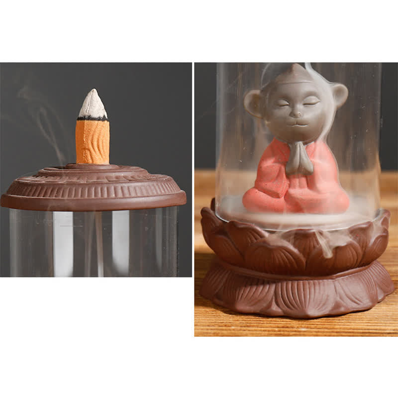 Meditazione Wukong Monkey King Argilla Viola Parabrezza Loto Fontana di Fumo a Riflusso Bruciatore di Incenso Decorazione