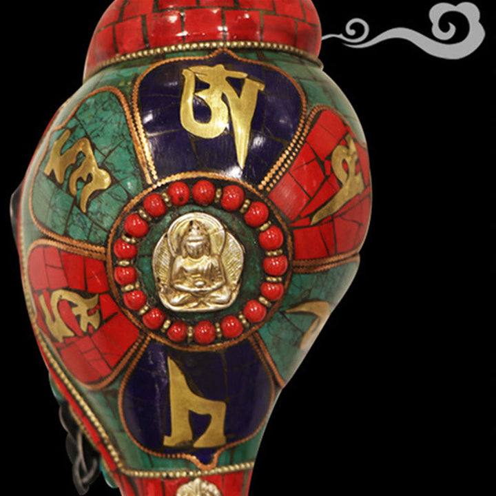 Shankha tibetano fatto a mano Om Mani Padme Hum Buddha Conch Shell Decorazione fortunata - image 10