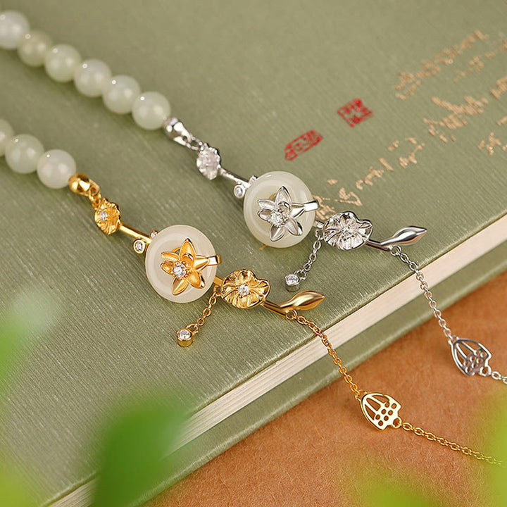 Bracciale con catena portafortuna in argento sterling 925 con fibbia della pace in giada Hetian Buddha Stones