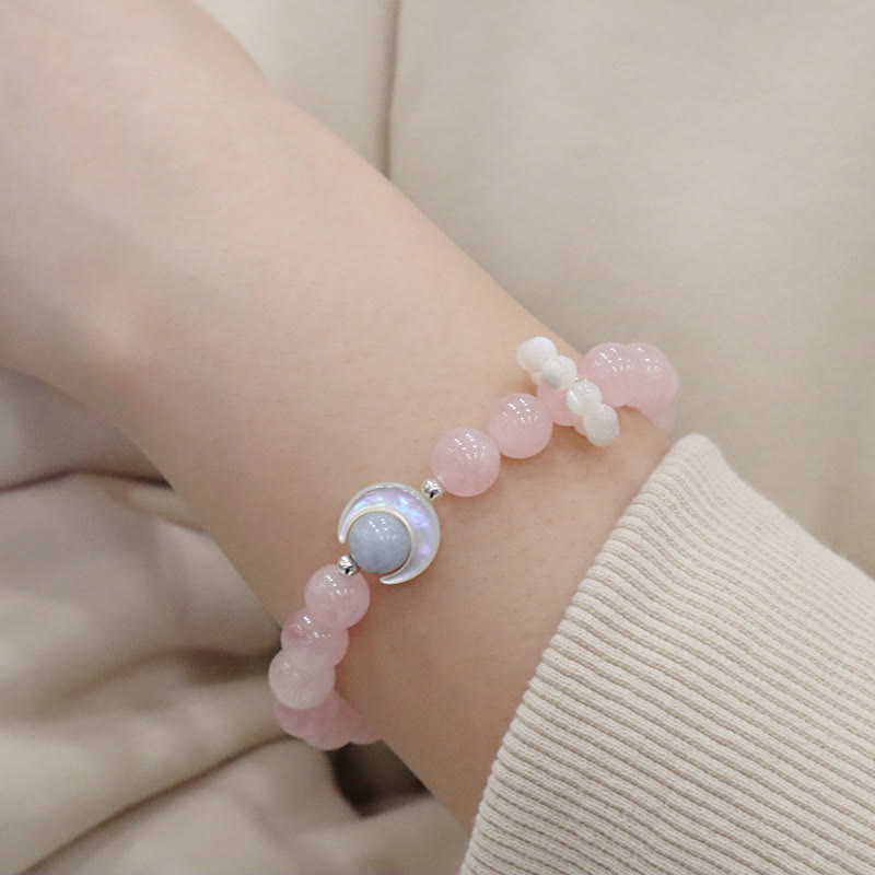 Braccialetto di Buddha Stones in argento sterling 925 con ametista naturale, acquamarina, cristallo rosa, occhio di gatto, guarigione, luna crescente