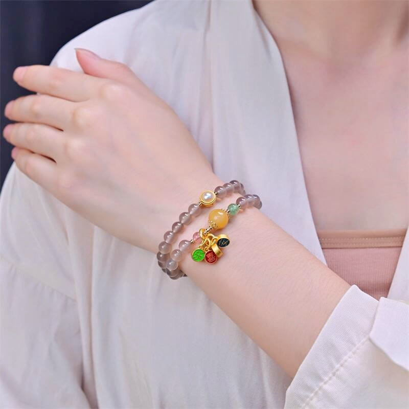 Braccialetto doppio giro Buddha Stones Natural Grey Agate Peace And Joy Charm Balance