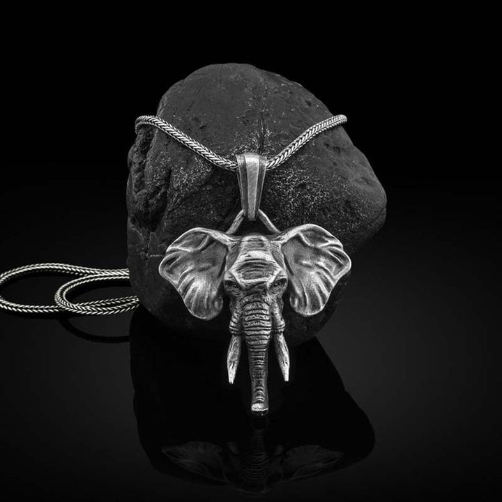 Collana con ciondolo in acciaio al titanio e peltro con elefante e forza