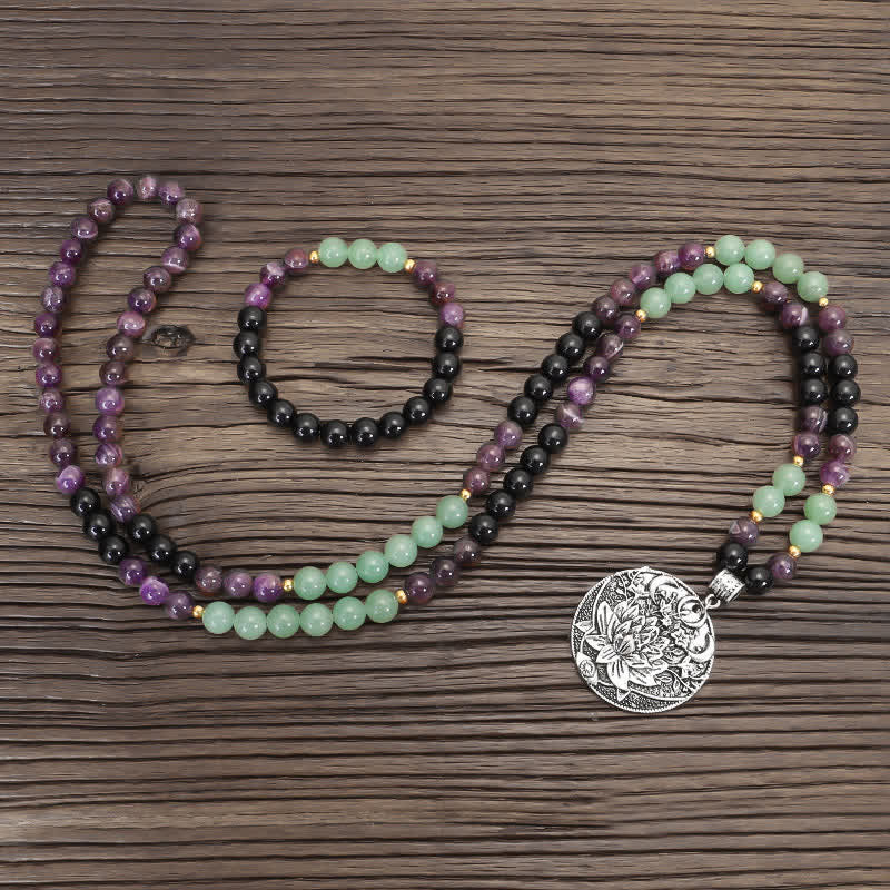 Buddha Stones 108 Mala Beads Ametista Verde Avventurina Loto Bracciale Meditazione - image 12