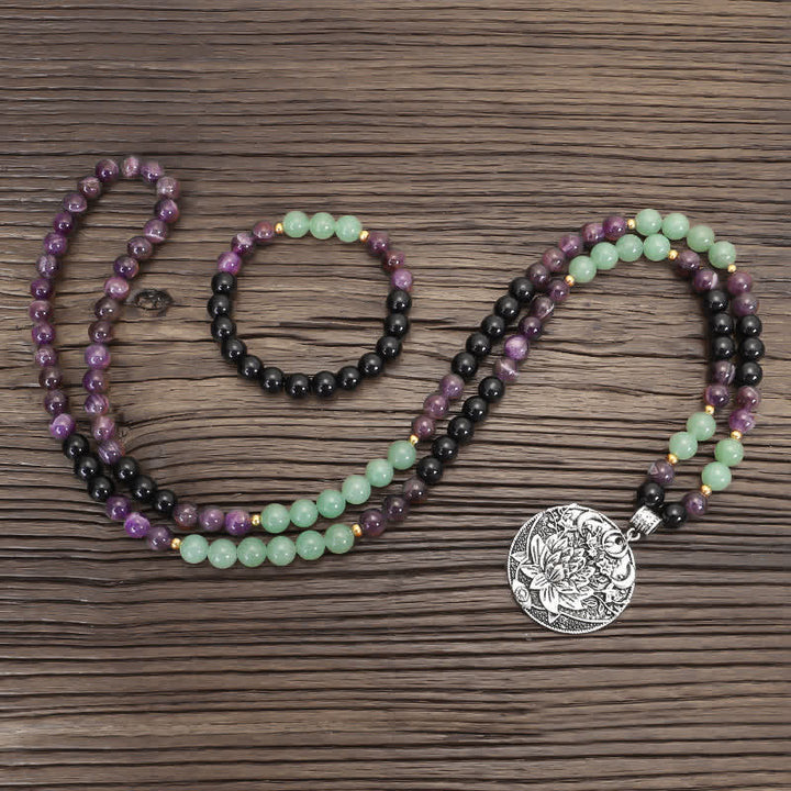 Buddha Stones 108 Mala Beads Ametista Verde Avventurina Loto Bracciale Meditazione - image 12