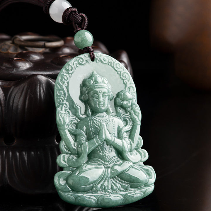 Collana con corda di benedizione dell'amuleto in giada naturale Avalokitesvara a quattro braccia - image 5