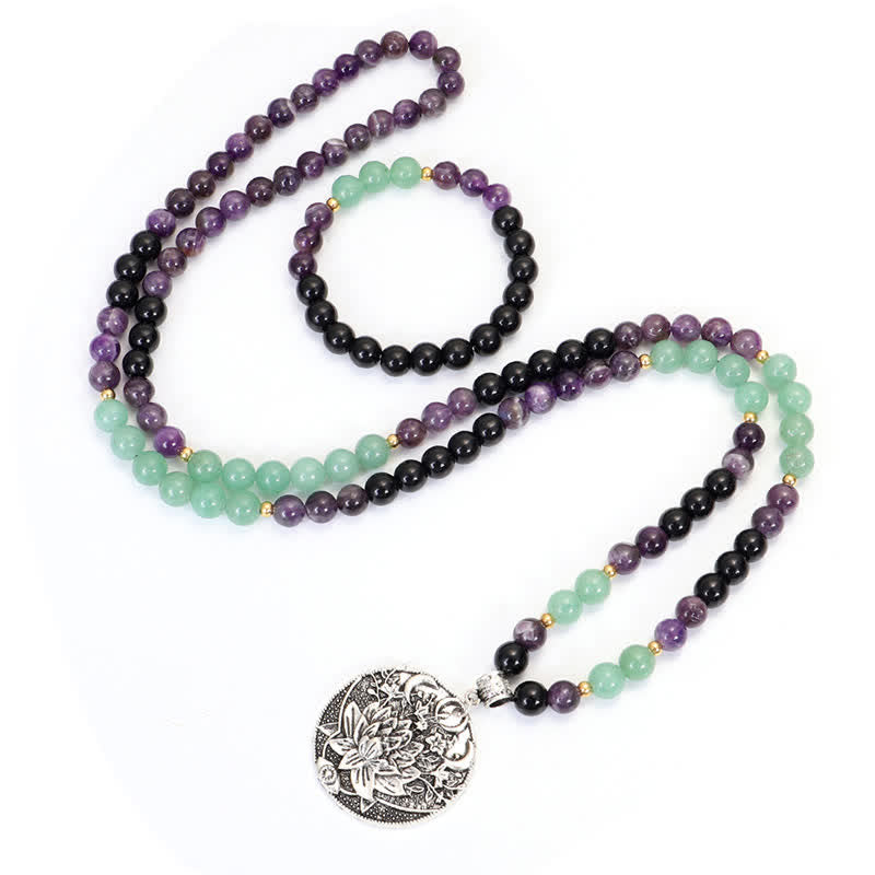 Buddha Stones 108 Mala Beads Ametista Verde Avventurina Loto Bracciale Meditazione - image 11