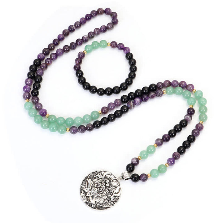 Buddha Stones 108 Mala Beads Ametista Verde Avventurina Loto Bracciale Meditazione - image 14