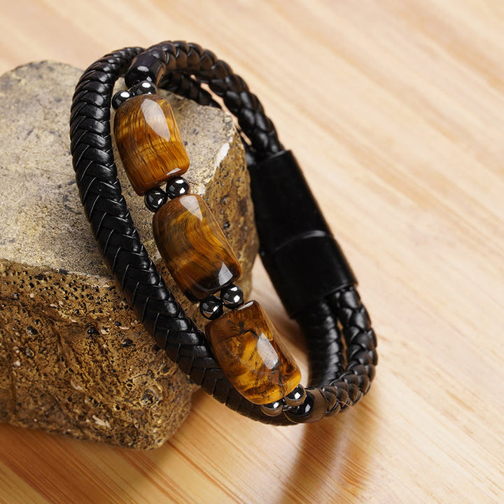 Braccialetto in pelle con fibbia magnetica e protezione naturale dell'occhio di tigre Buddha Stones