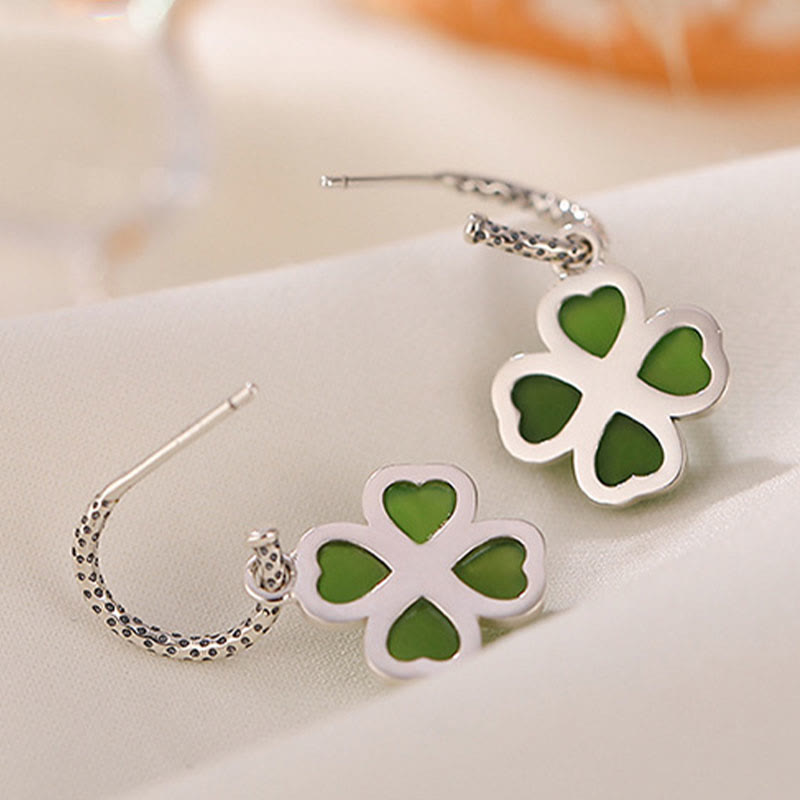 Orecchini Buddha Stones in argento sterling 925 con giada ciano naturale e quadrifoglio, fortuna e successo