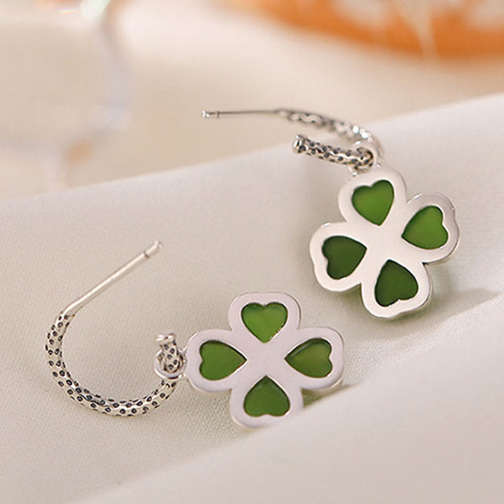 Orecchini Buddha Stones in argento sterling 925 con giada ciano naturale e quadrifoglio, fortuna e successo