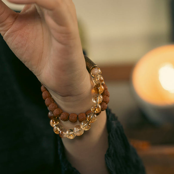 Braccialetto Buddha Stones Natural Citrine Crystal Rudraksha Bodhi Seed Brass Bead Prosperity Double Wrap