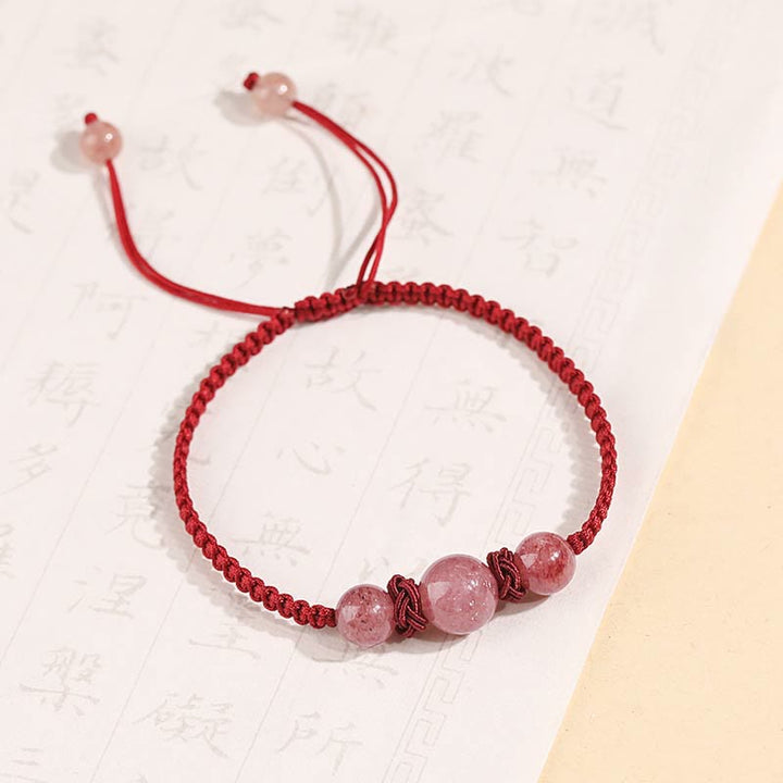 Buddha Stones Natural Strawberry Quartz Crystal Love Braccialetto intrecciato con corda rossa alla caviglia