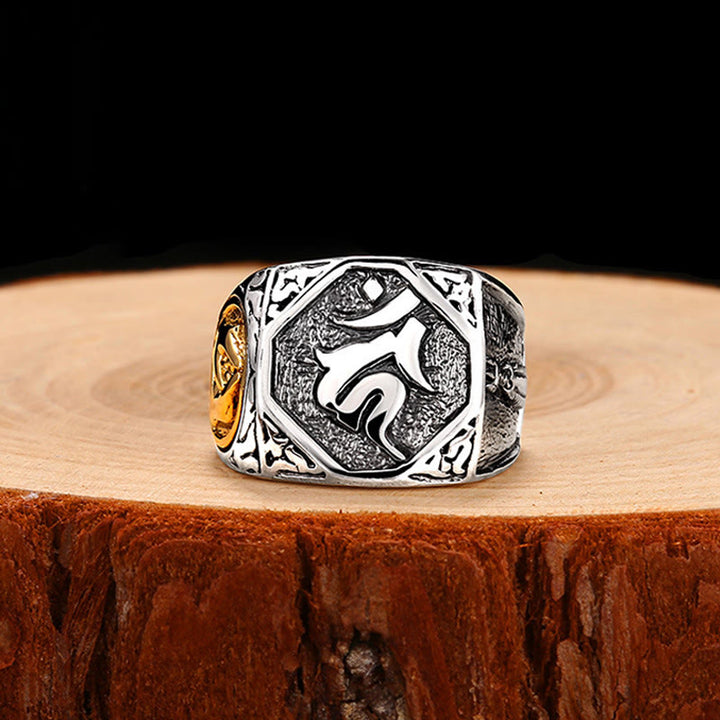 Anello regolabile con protezione intagliata in argento sterling 925 con design sanscrito Buddha Stones
