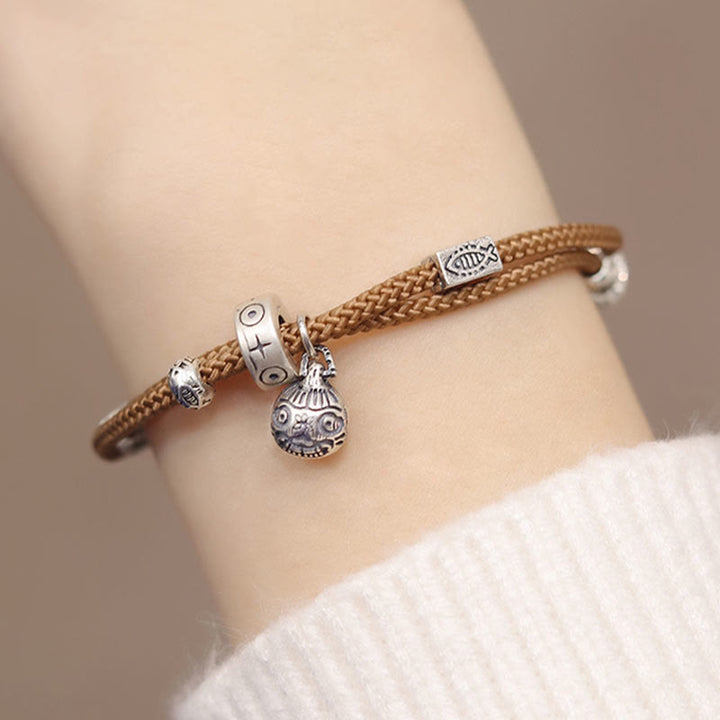 Bracciale intrecciato a mano Buddha Stones 925 Sterling Silver Gold con pesce Koi che ingoia la bestia