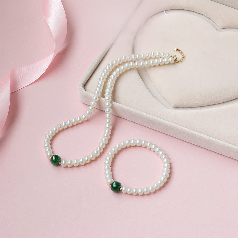 Buddha Stones 925 Sterling Silver Perla naturale Giada Hetian Acquamarina Saggezza Sincerità Collana Ciondolo Bracciale - Collana e bracciale - Lega di giada Hetian di perle 45 cm - image 1