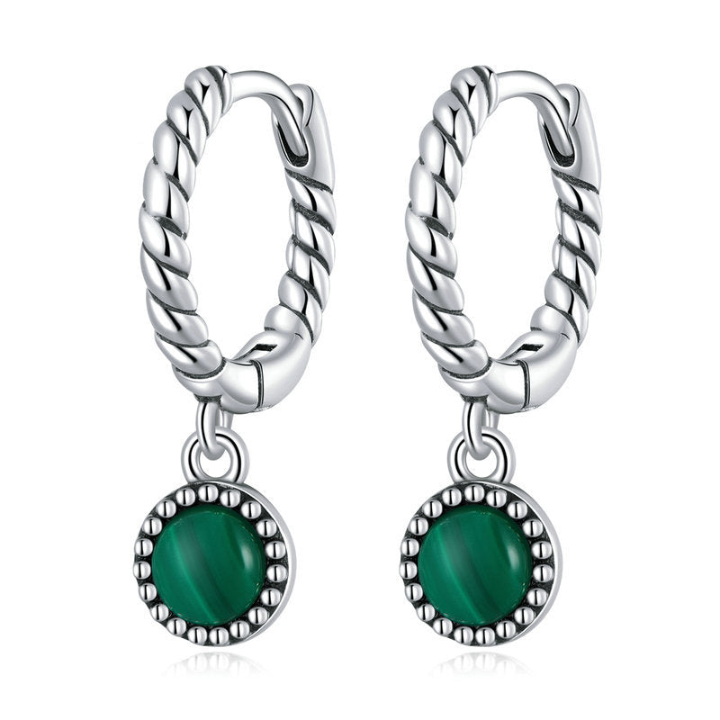 Orecchini pendenti anti-ansia in argento sterling 925 con malachite rotonda - Malachite (Anti-ansia ♥ Protezione) - image 0