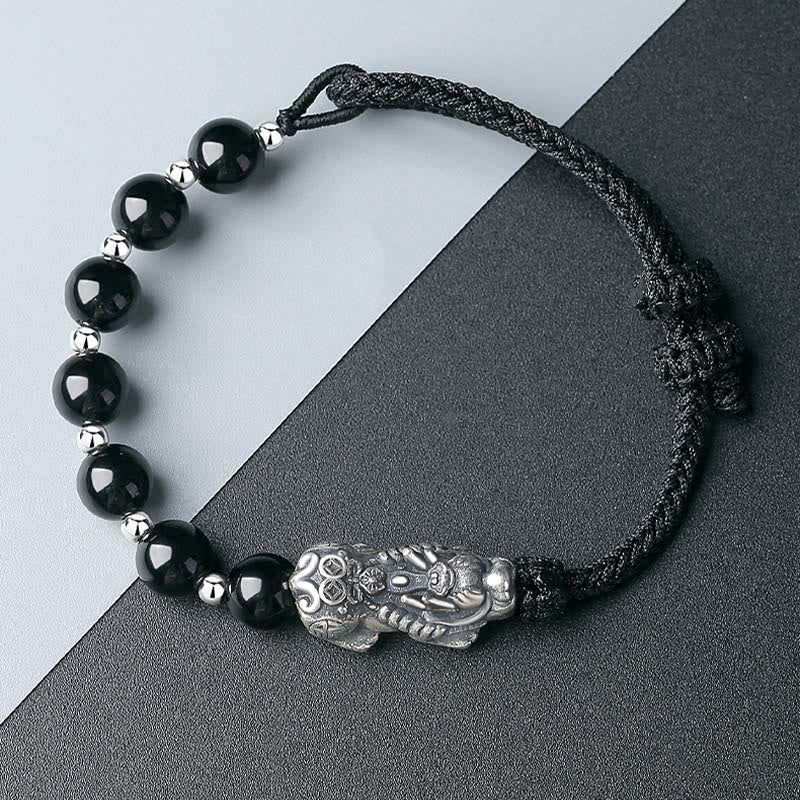 Buddha Stones 999 Sterling Silver FengShui PiXiu Ossidiana nera naturale 925 Sterling Silver Bead Strength Bracciale