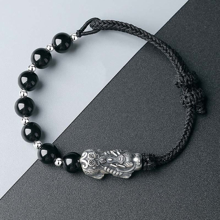 Buddha Stones 999 Sterling Silver FengShui PiXiu Ossidiana nera naturale 925 Sterling Silver Bead Strength Bracciale