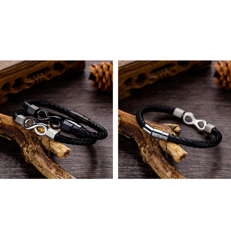 Bracciale Buddha Stones Endless Knot in acciaio al titanio con intreccio in pelle e bilanciamento