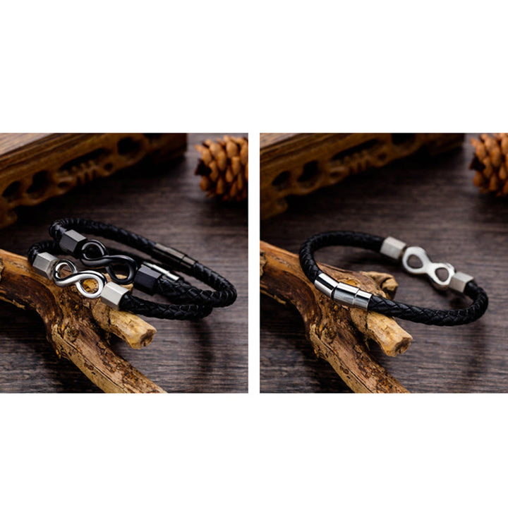 Bracciale Buddha Stones Endless Knot in acciaio al titanio con intreccio in pelle e bilanciamento