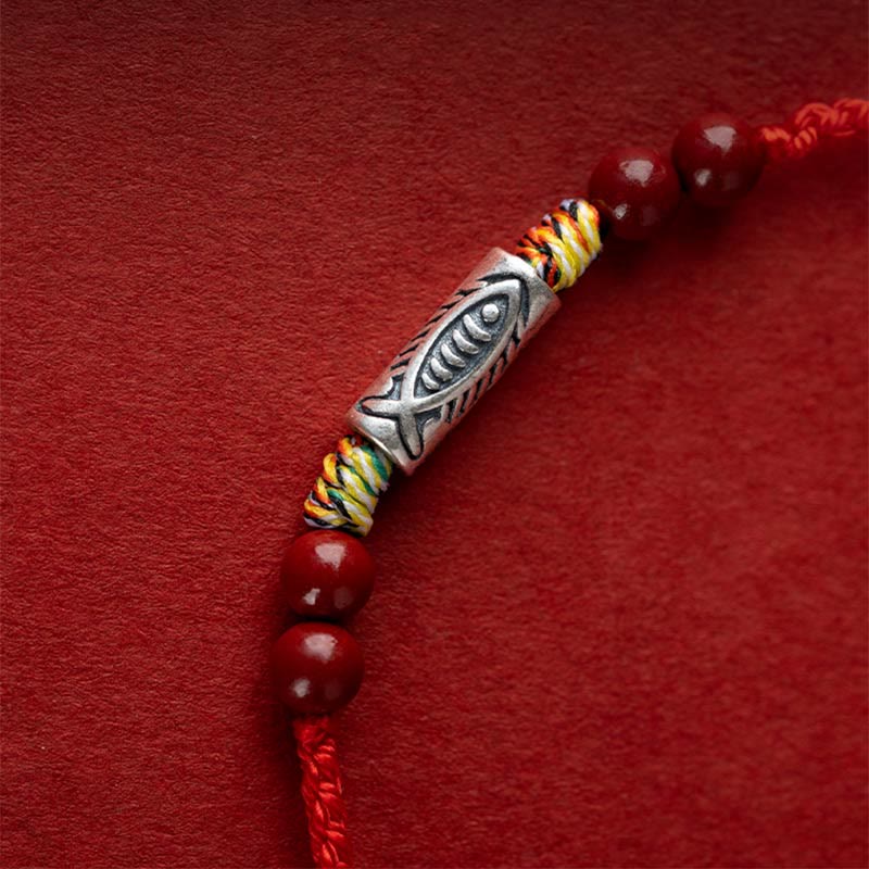 Buddha Stones 925 Sterling Silver Koi Fish Cinnabar Bead Wealth Braccialetto intrecciato artigianale Cavigliera