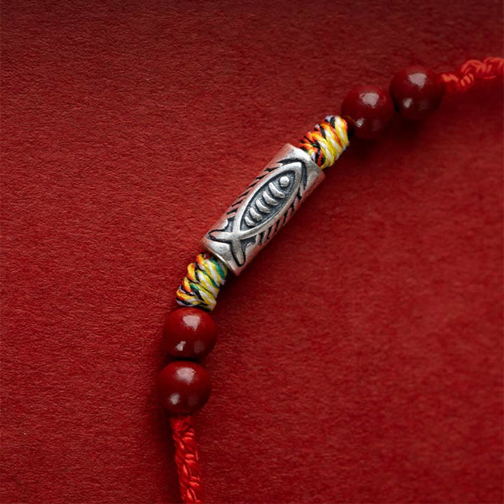 Buddha Stones 925 Sterling Silver Koi Fish Cinnabar Bead Wealth Braccialetto intrecciato artigianale Cavigliera
