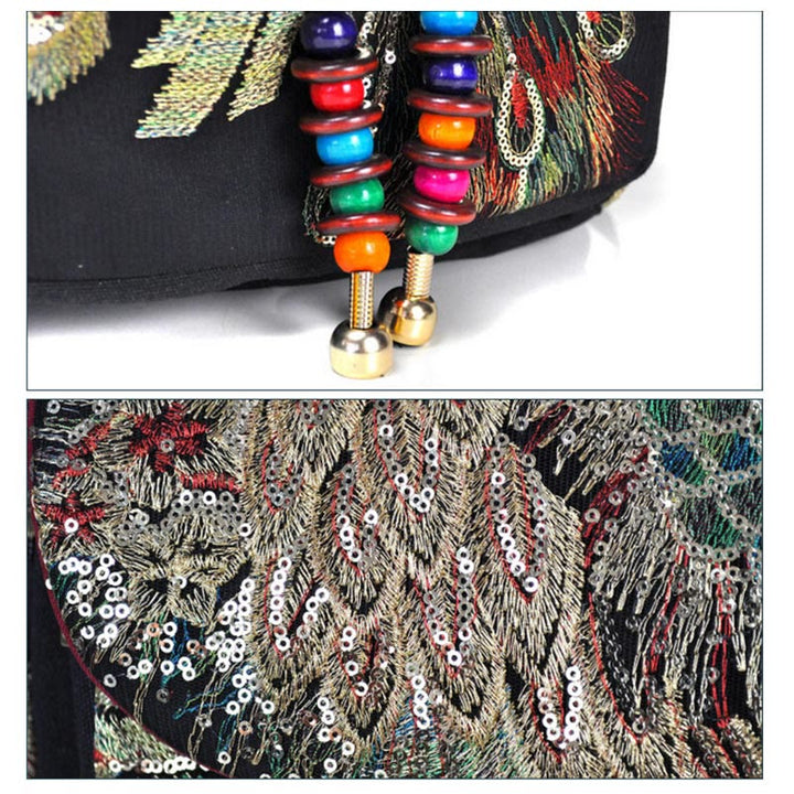Zaino in tela con nappa e ricamo di pavone Buddha Stones