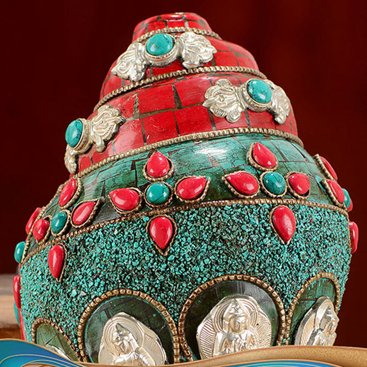 Shankha tibetano fatto a mano Om Mani Padme Hum Buddha Avalokitesvara Turchese Conchiglia Decorazione positiva