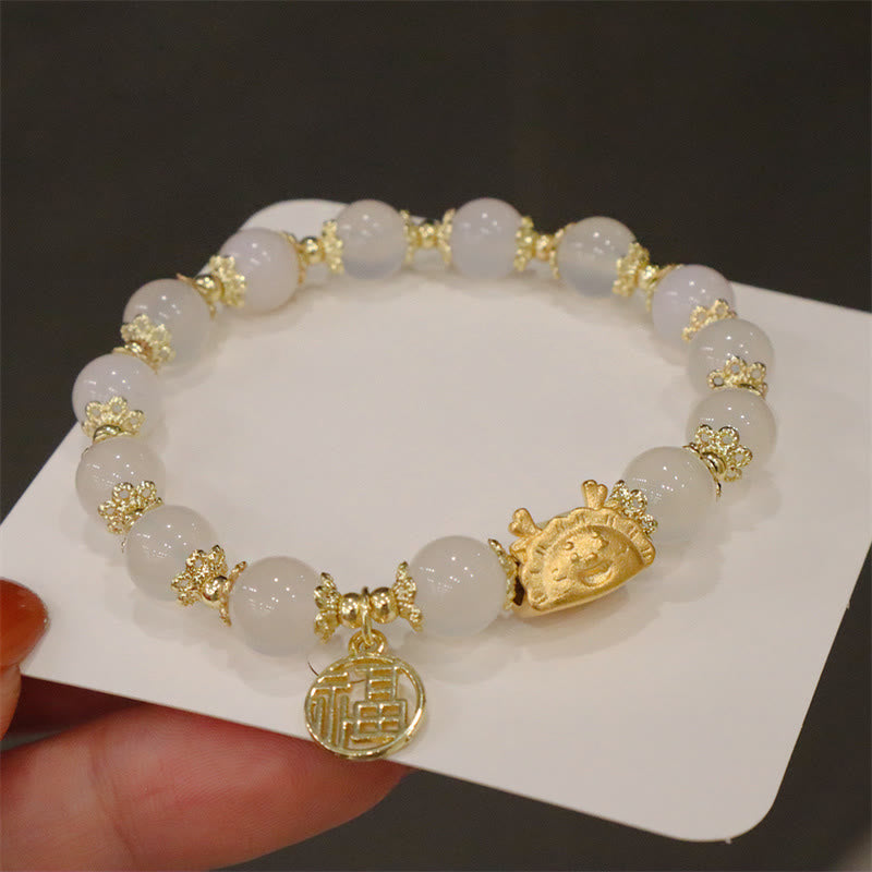 Buddha Stones Anno del Drago Agata Rossa Quarzo Fragola Ossidiana Nera Giada Granato Perla Cinabro Drago Gnocco Fortuna Fu Bracciale Personaggio - Agata bianca (circonferenza polso 14-19 cm) - image 7