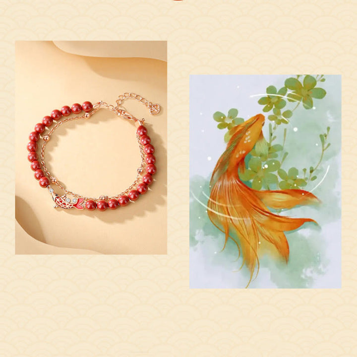 Bracciale a catena a doppio strato con zirconi e cinabro, in argento sterling 925, con pesce koi portafortuna, Buddha Stones