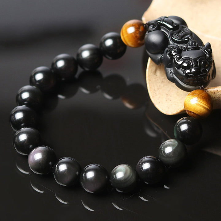 Braccialetto della ricchezza in occhio di tigre con ossidiana arcobaleno Buddha Stones FengShui PiXiu