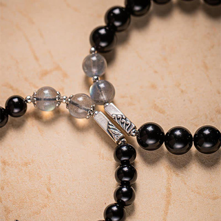Bracciale di coppia in argento sterling 925 con pietra di luna e ossidiana