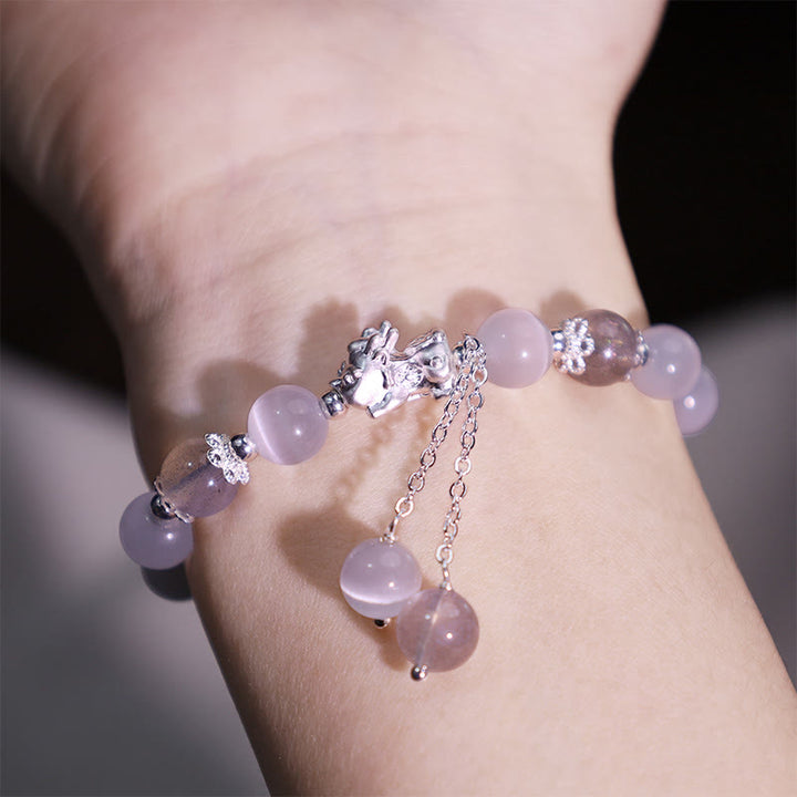 Braccialetto di supporto PiXiu in quarzo fragola con pietra lunare naturale occhio di gatto Buddha Stones