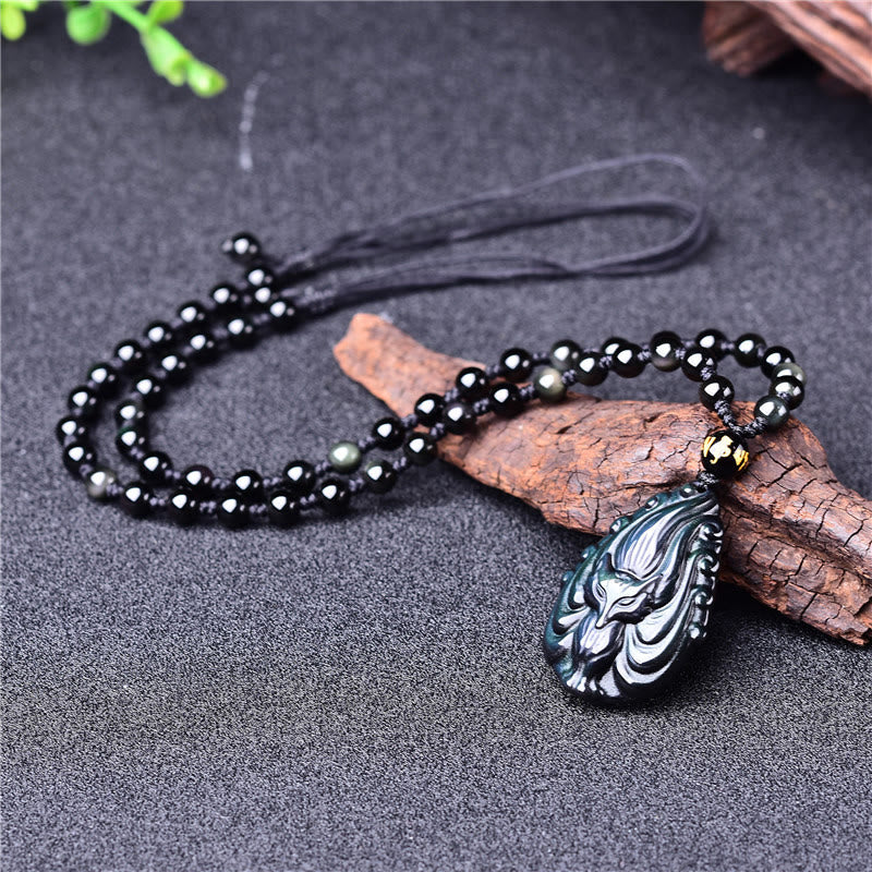 Buddha Stones Ossidiana arcobaleno naturale Volpe a nove code Collana di pace interiore Ciondolo con perline