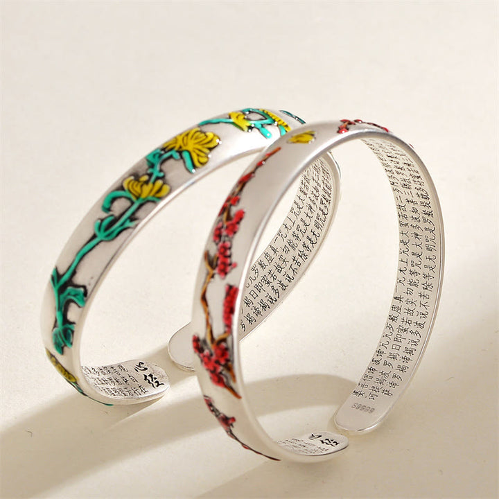 Braccialetto di guarigione con polsino in Buddha Stones , fiore di prugna e crisantemo, design a forma di cuore, Sutra