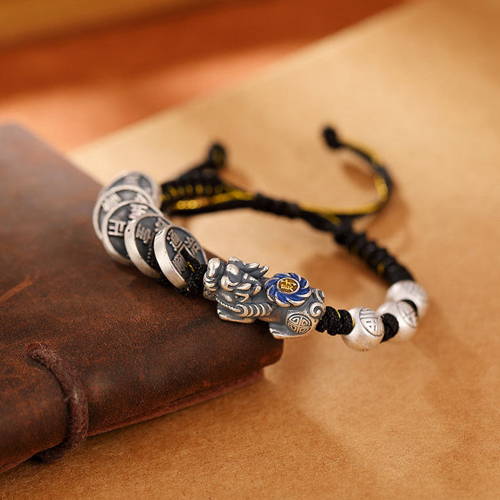Bracciale intrecciato con moneta di rame PiXiu FengShui in argento sterling 999 con pietre Buddha Stones, carattere Fu, ricchezza