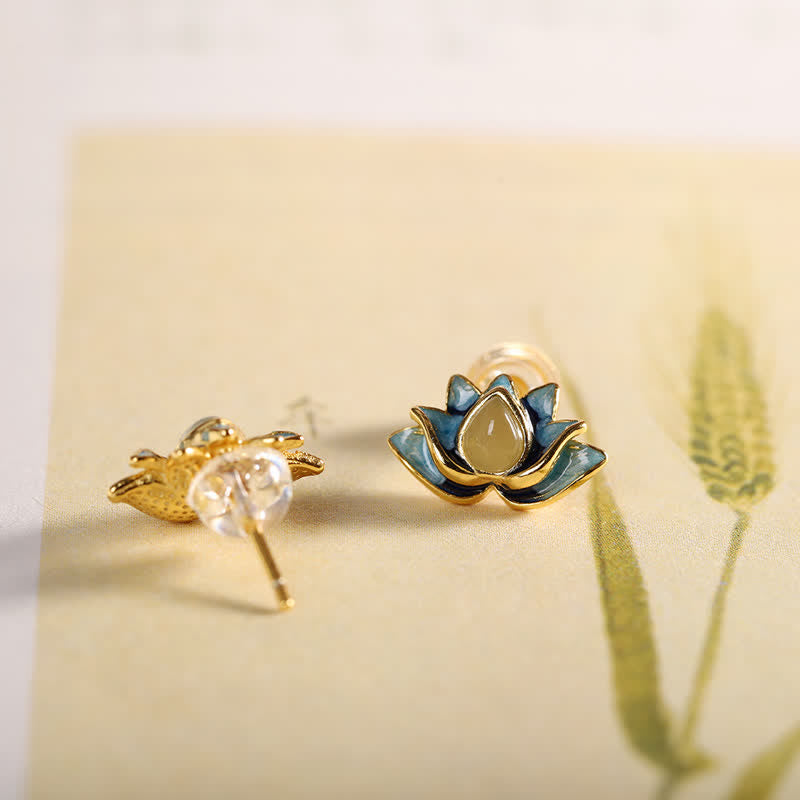Orecchini di successo in argento sterling 925 con fiore di loto in giada ciano Hetian