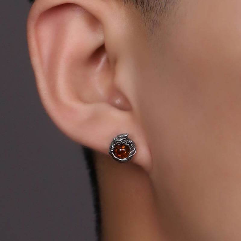 Orecchino a perno Buddha Stones 925 Sterling Silver Ambra naturale Drago Protezione Successo