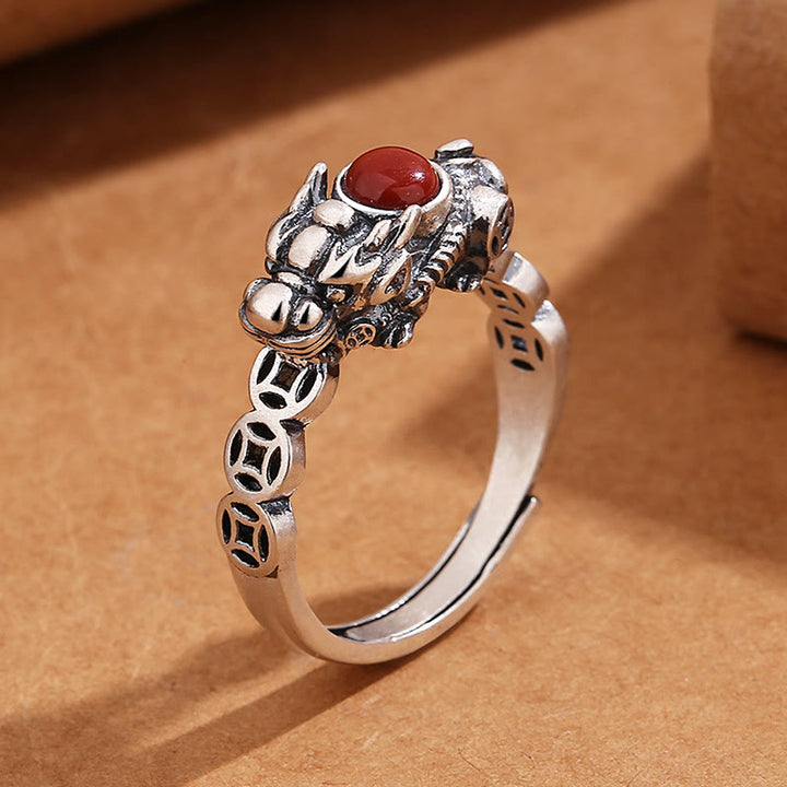 Buddha Stones PiXiu Moneta di rame Agata rossa Anello di fortuna e ricchezza