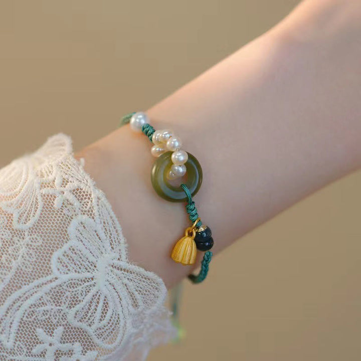 Bracciale intrecciato a mano con perle e giada naturale di Hetian, fibbia della pace, pietre Buddha Stones