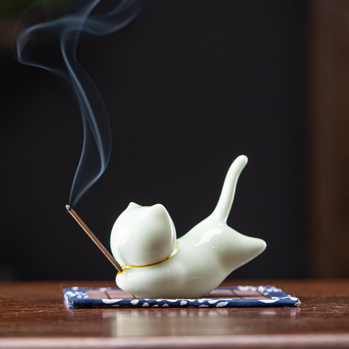 Decorazione per bruciatore di incenso in ceramica con gatto e panda, per benedizione