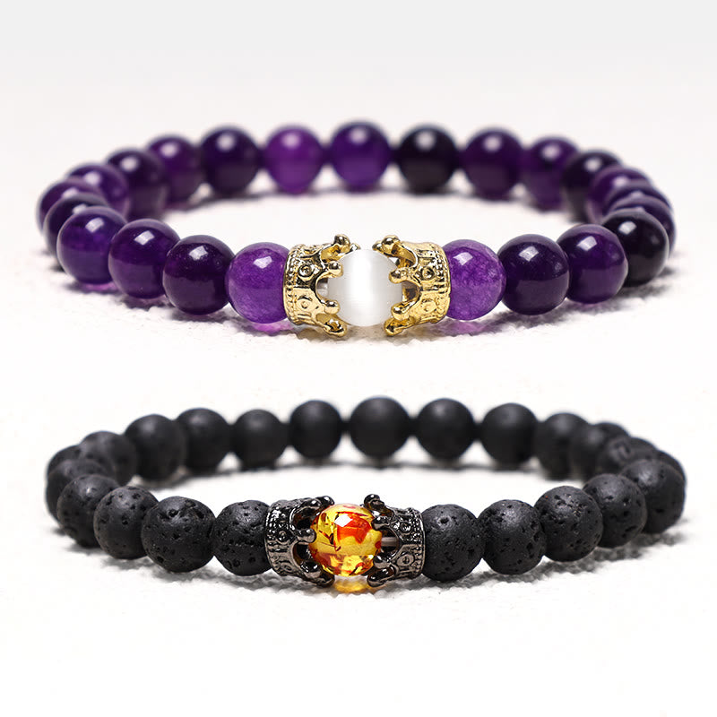 Buddha Stones Pietra naturale Corona del re e della regina Perline di energia curativa Bracciale di coppia