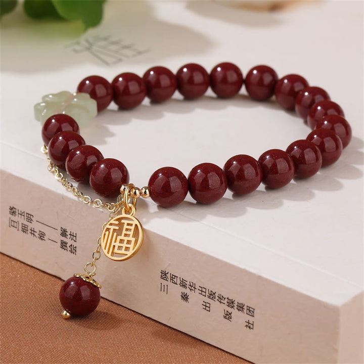 Braccialetto di benedizione con quadrifoglio fortunato in giada Hetian, Buddha Stones , cinabro, carattere Fu