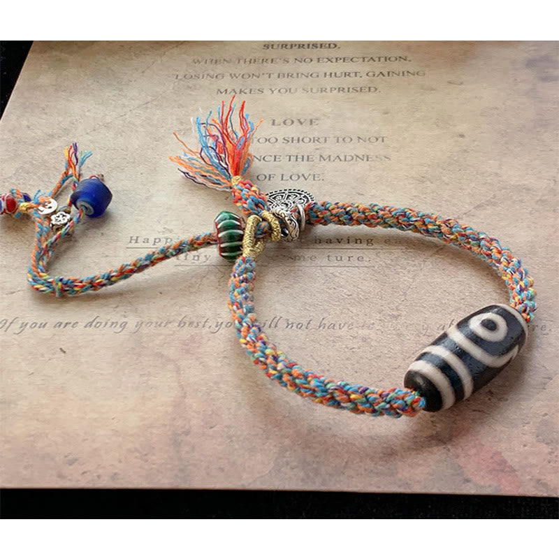 Braccialetto di protezione intrecciato con perline Dzi fatte a mano in argento sterling 925 tibetano Om Mani Padme Hum
