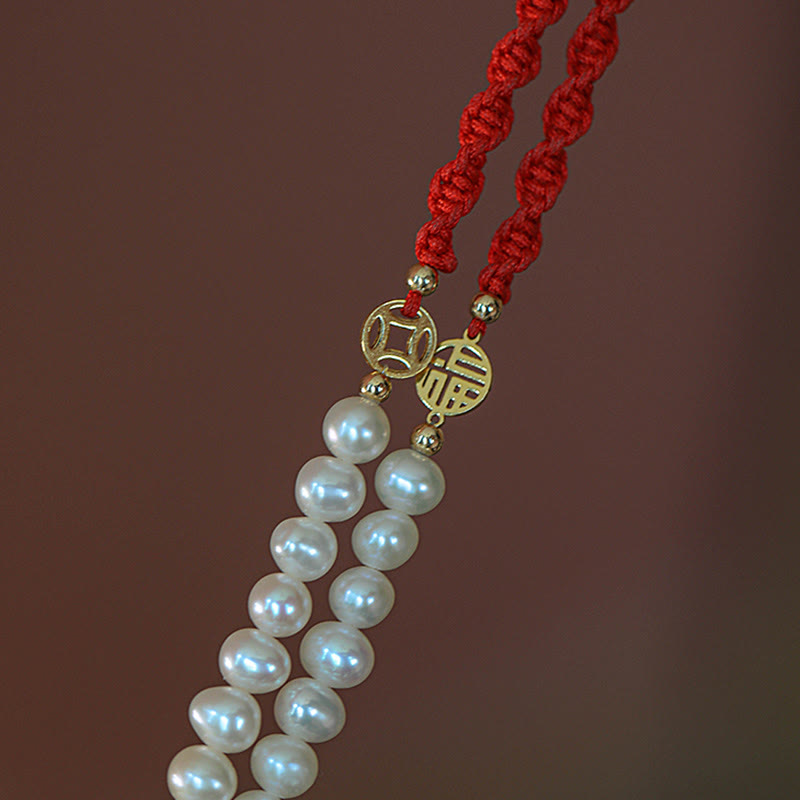 Braccialetto con treccia rossa e perle placcate in oro 14K e protezione dalla fortuna