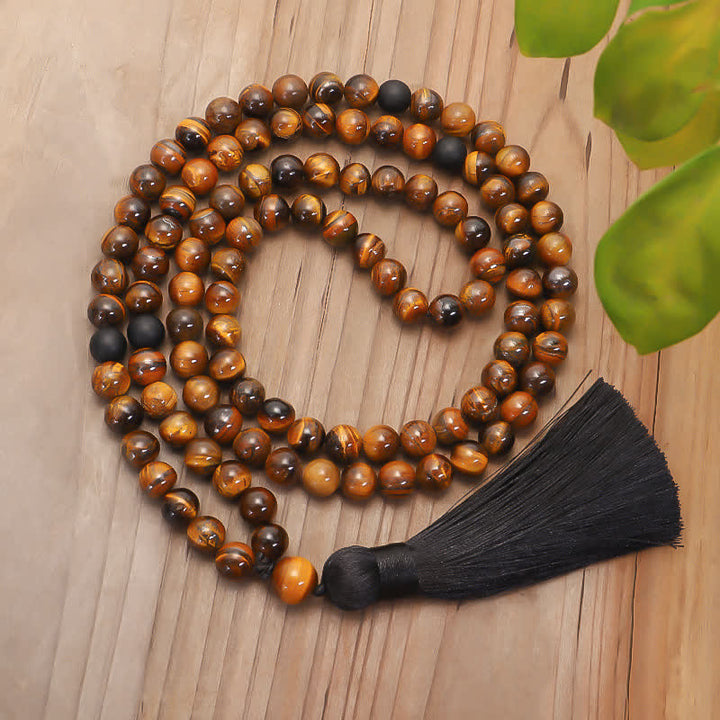Braccialetto di protezione con nappa in occhio di tigre Buddha Stones, 108 perline Mala