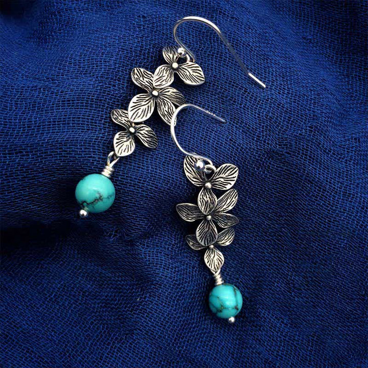 Orecchini pendenti con ciondolo a forma di fiore, foglia, turchese, lazurite, pietre Buddha Stones , argento sterling 925