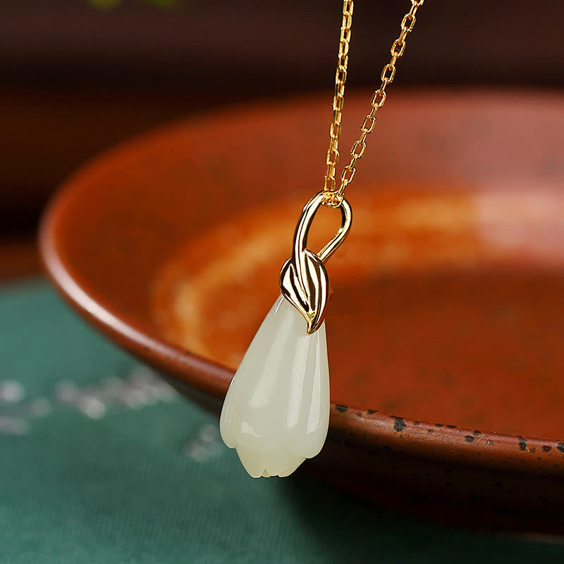 Collana con Buddha Stones in giada Hetian naturale, ciondolo con fiore di magnolia, ciondolo in argento sterling 925 placcato oro