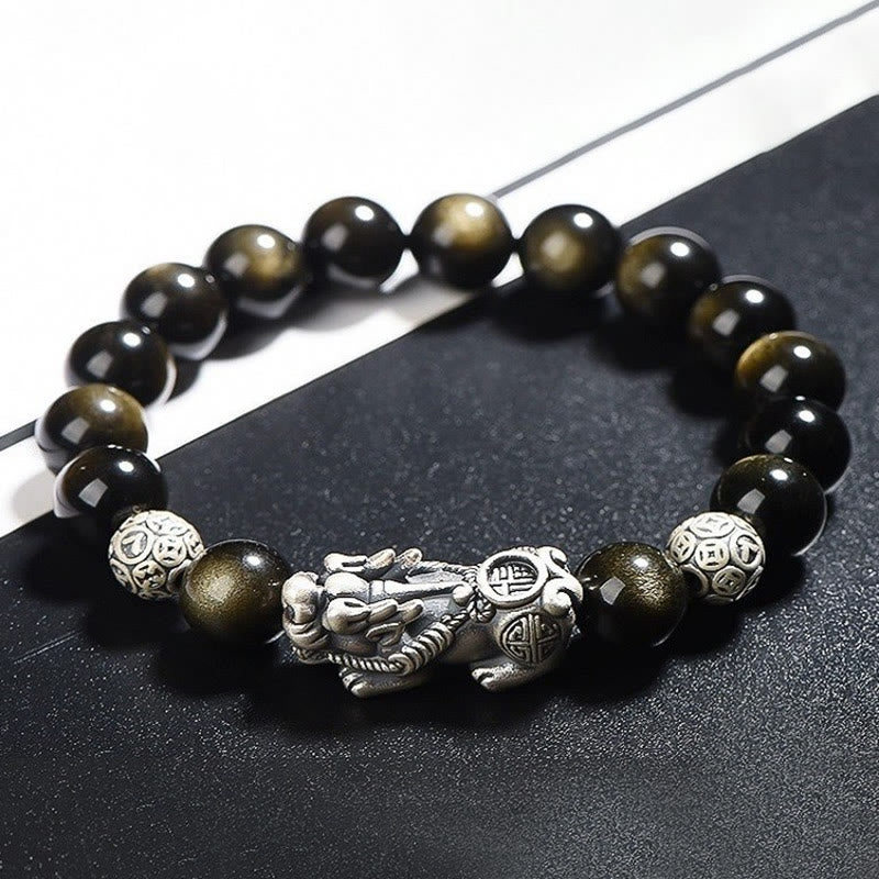 Braccialetto di protezione della ricchezza PiXiu in ossidiana naturale lucidata in argento sterling 925 Buddha Stones
